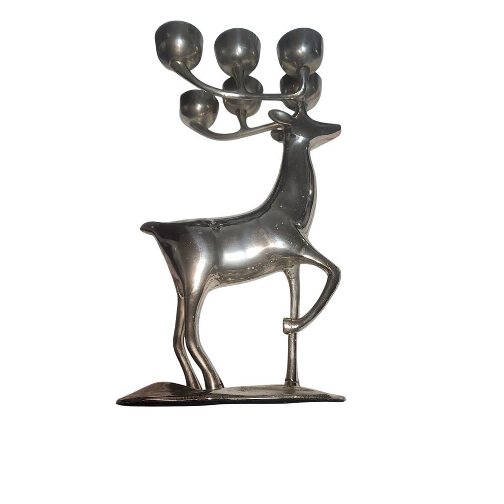 VINTAGE CAST BRASS REINDEER NICKLE  FINISHED CANDLE HOLDER CANDELABRA